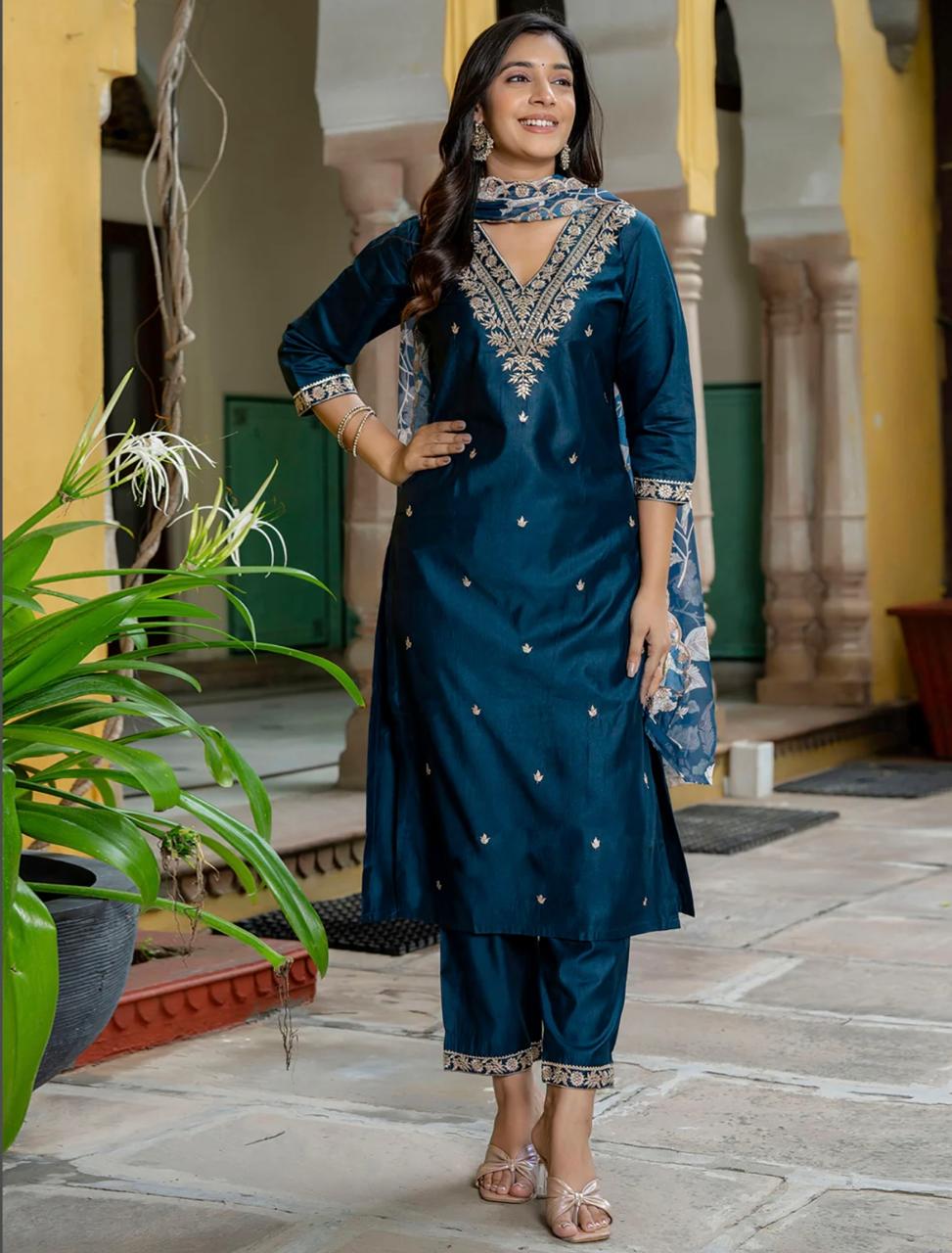 Embroidered Rayon Suit Set with Organza Dupatta