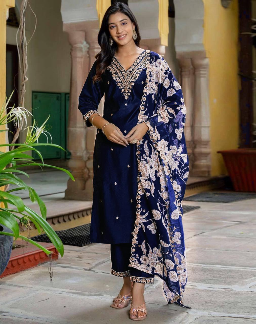 Embroidered Rayon Suit Set with Organza Dupatta