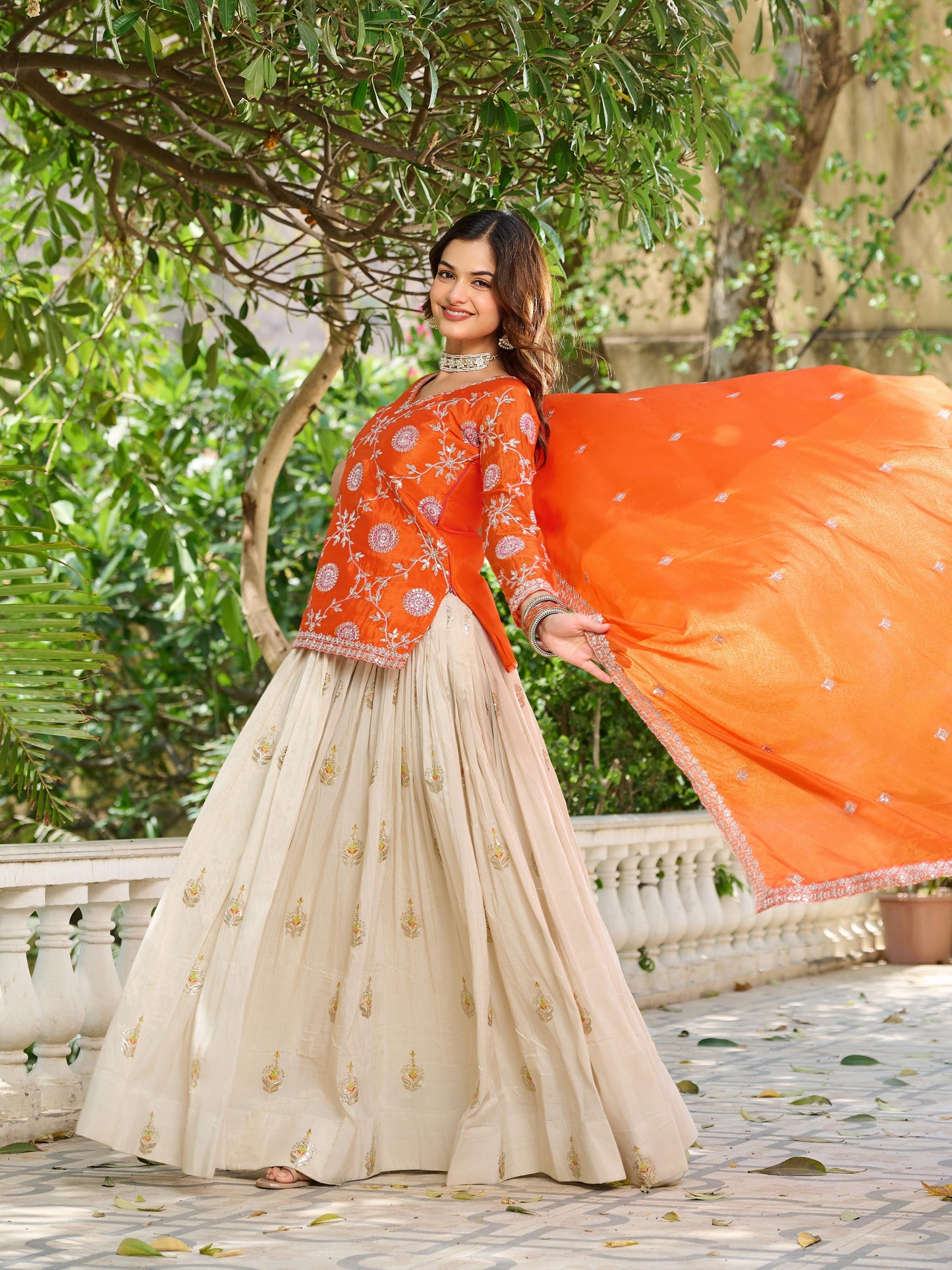 Embroidered Chinon Kurti Lehenga Dupatta Set