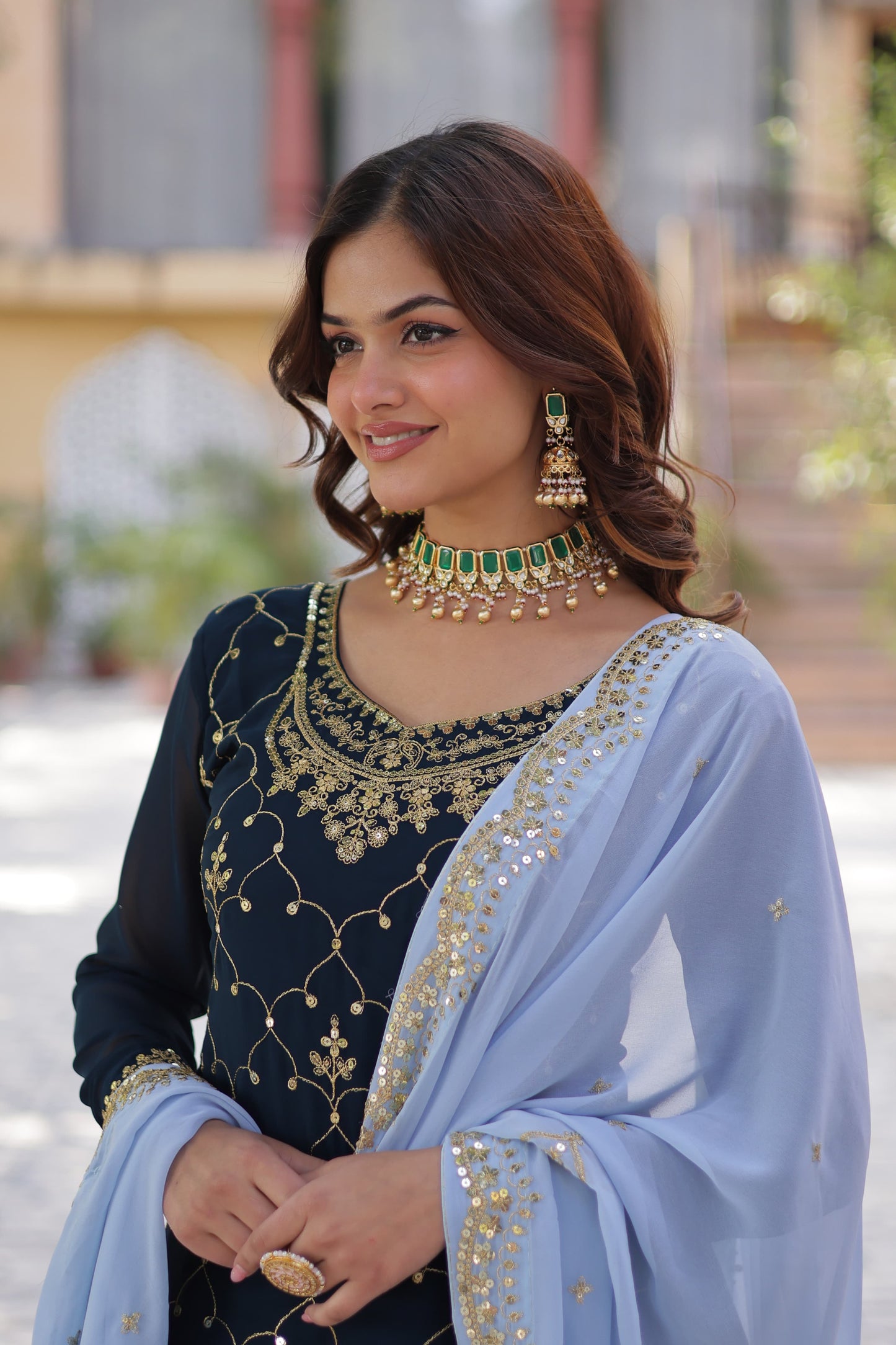 Sequins Embroidered Kurti Plazzo Dupatta Set