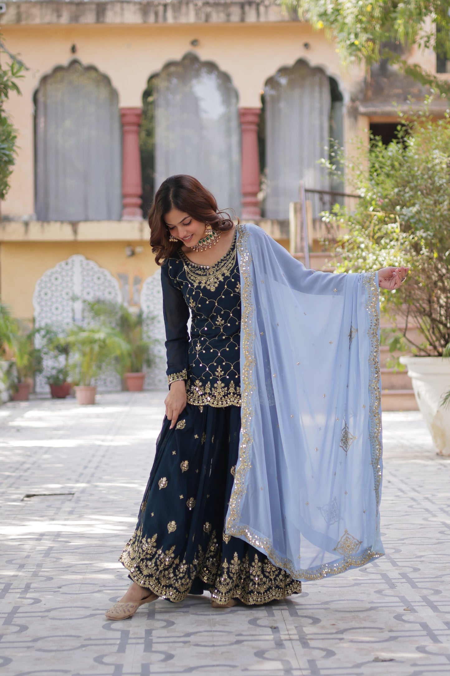 Sequins Embroidered Kurti Plazzo Dupatta Set