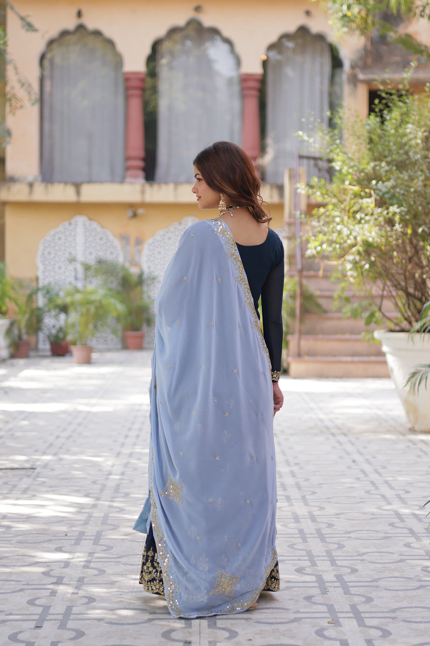 Sequins Embroidered Kurti Plazzo Dupatta Set