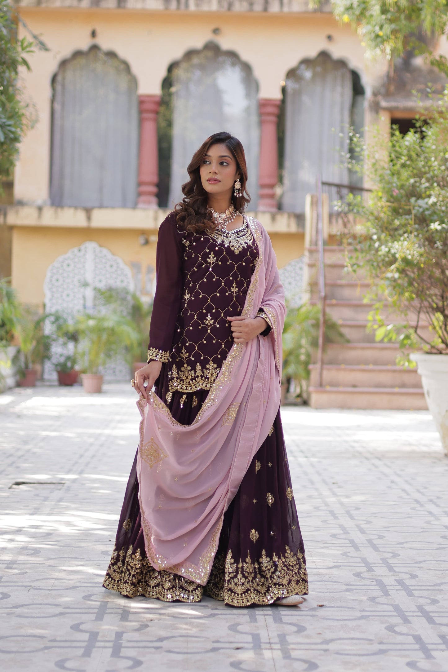 Sequins Embroidered Kurti Plazzo Dupatta Set