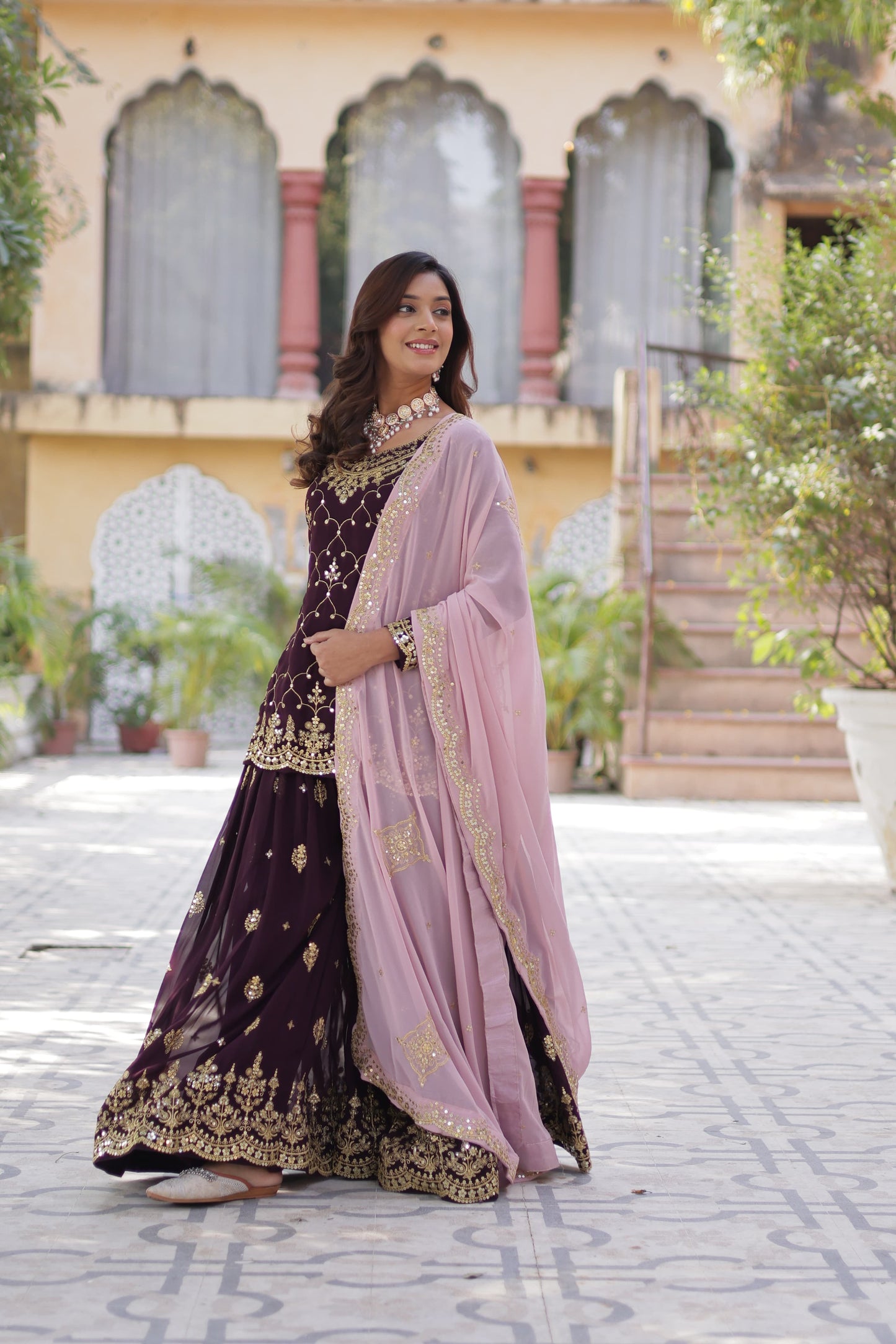 Sequins Embroidered Kurti Plazzo Dupatta Set