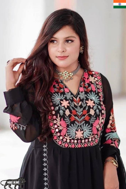 Embroidered Fox Georgette Kurti Plazzo Set with Dupatta – S to 10XL
