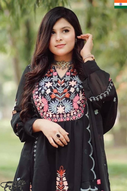 Embroidered Fox Georgette Kurti Plazzo Set with Dupatta – S to 10XL
