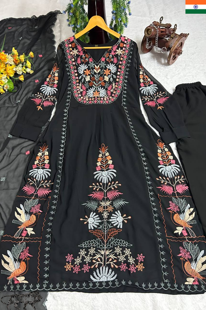 Embroidered Fox Georgette Kurti Plazzo Set with Dupatta – S to 10XL