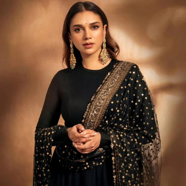 Aditi Classic Black Rayon-Cotton Anarkali Suit