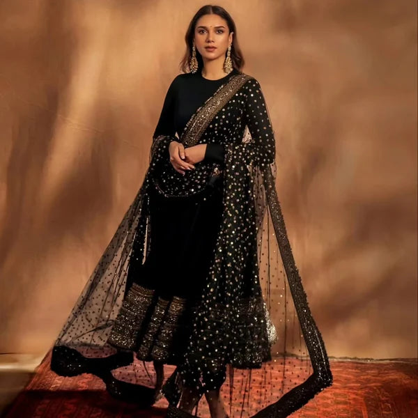 Aditi Classic Black Rayon-Cotton Anarkali Suit
