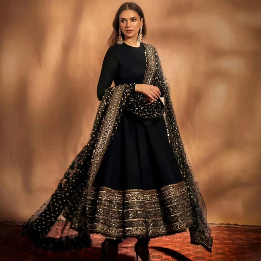 Aditi Classic Black Rayon-Cotton Anarkali Suit