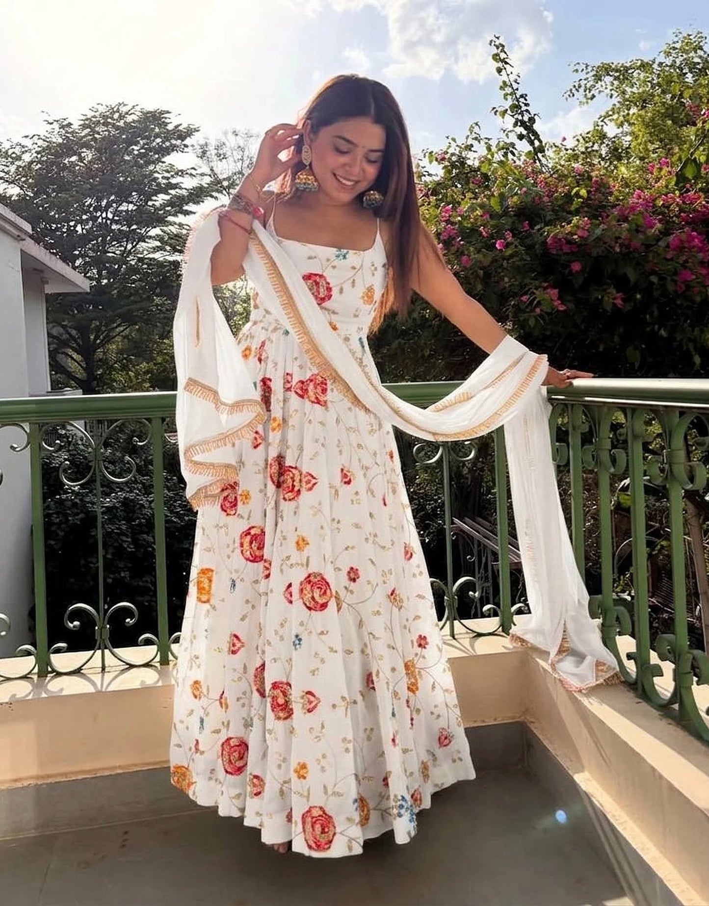 Chandni White Floral Flared Gown