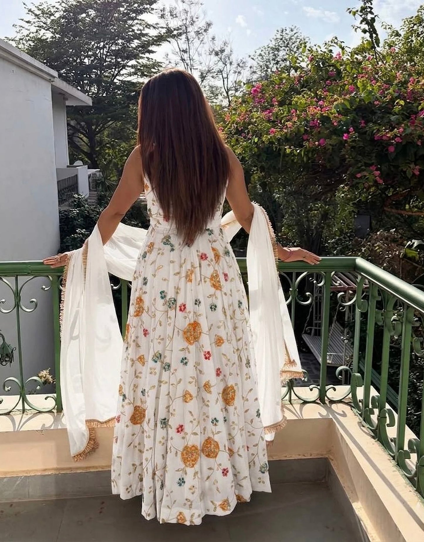 Chandni White Floral Flared Gown