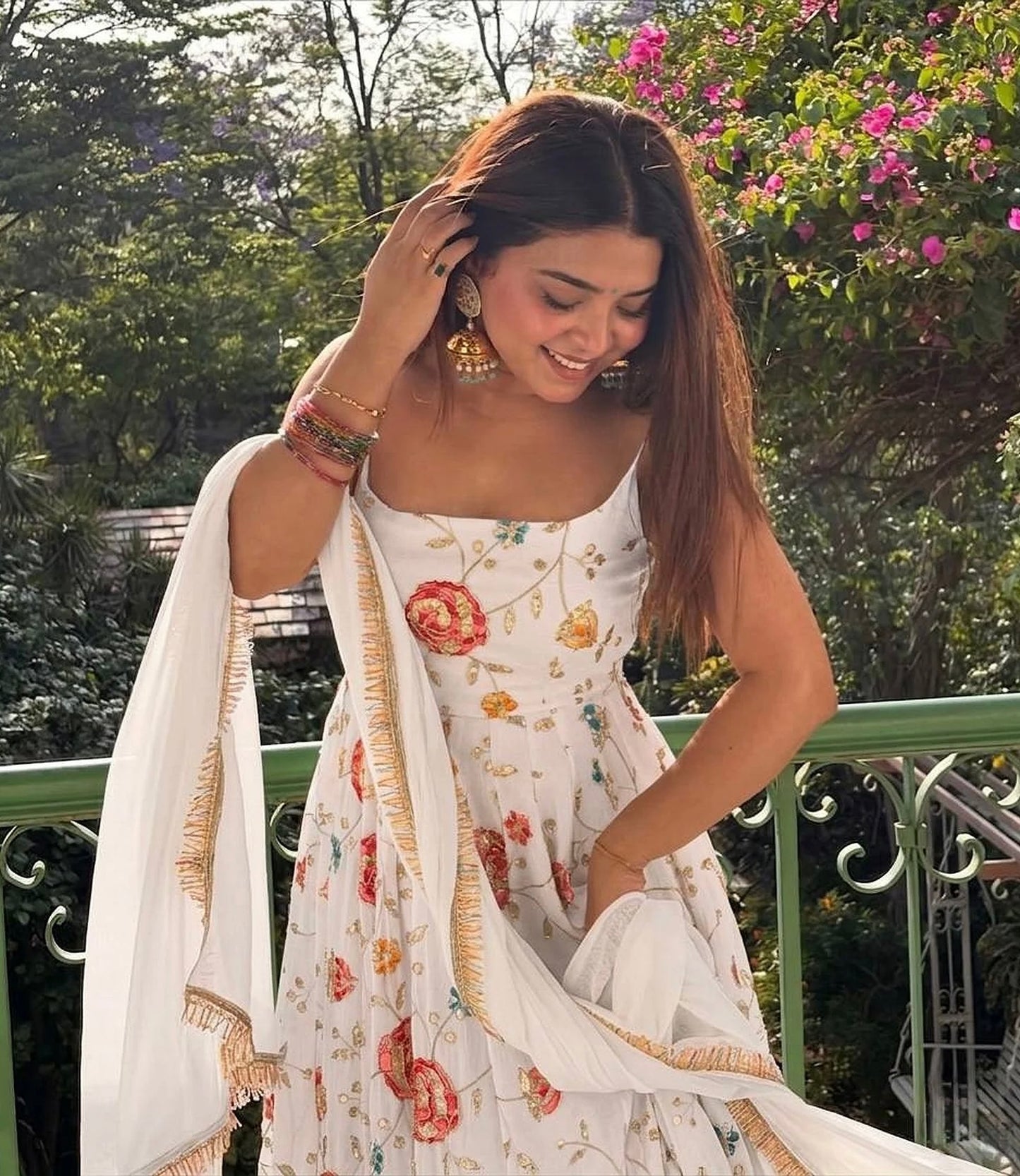 Chandni White Floral Flared Gown