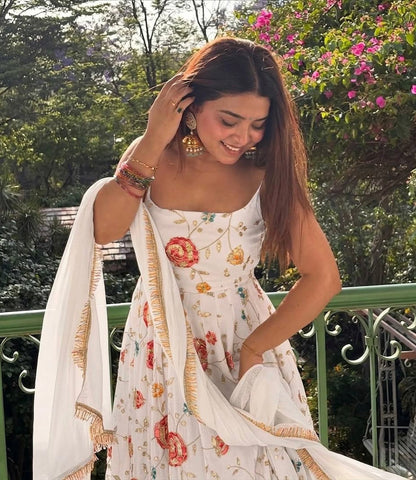Chandni White Floral Flared Gown