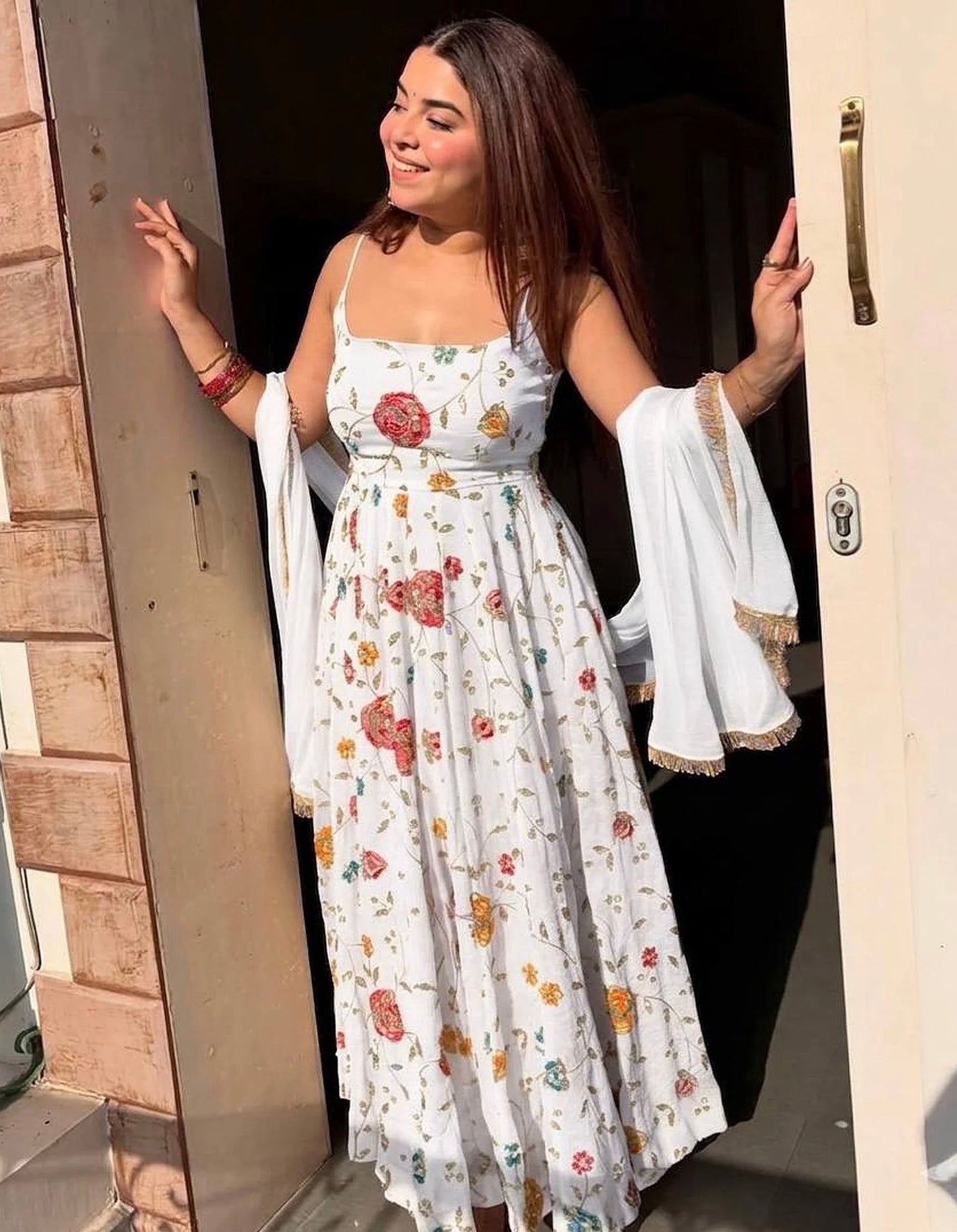 Chandni White Floral Flared Gown
