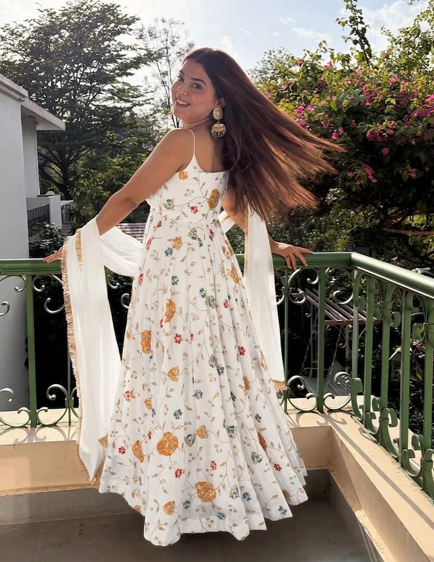 Chandni White Floral Flared Gown