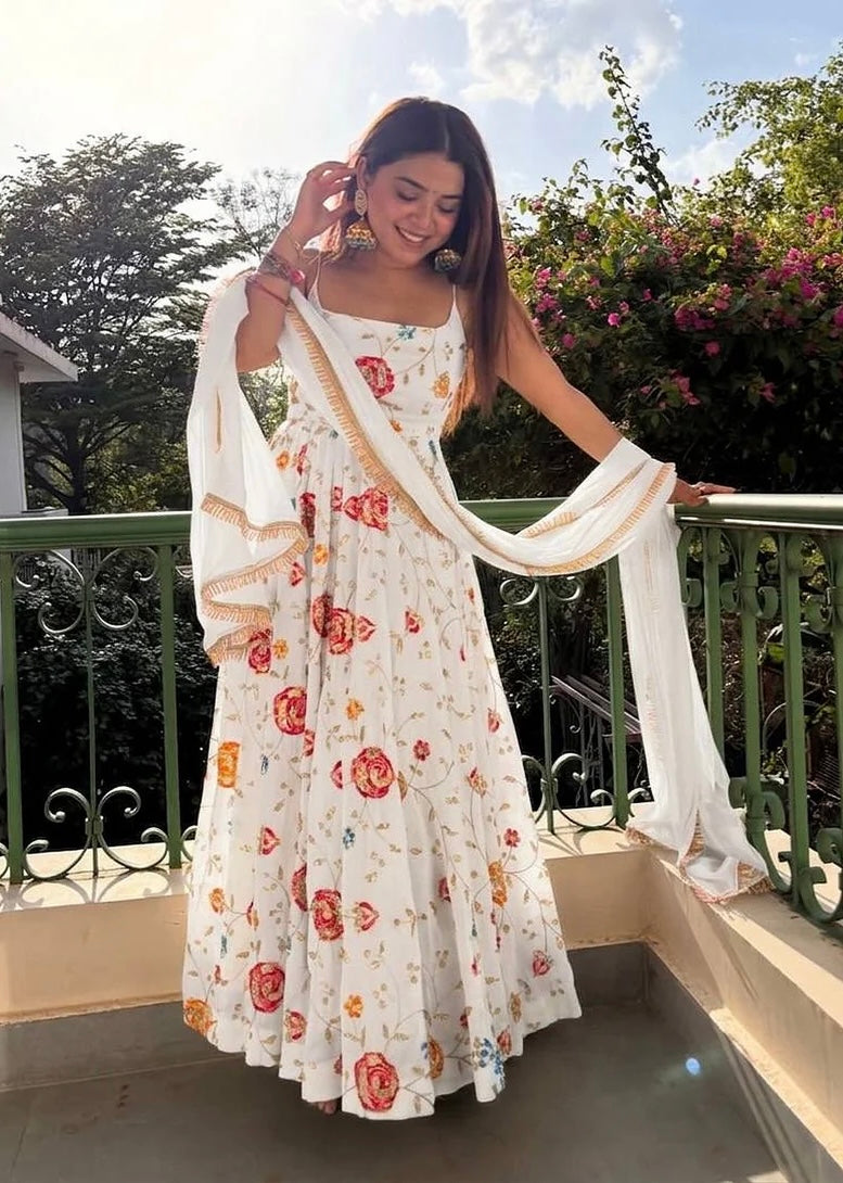 Chandni White Floral Flared Gown