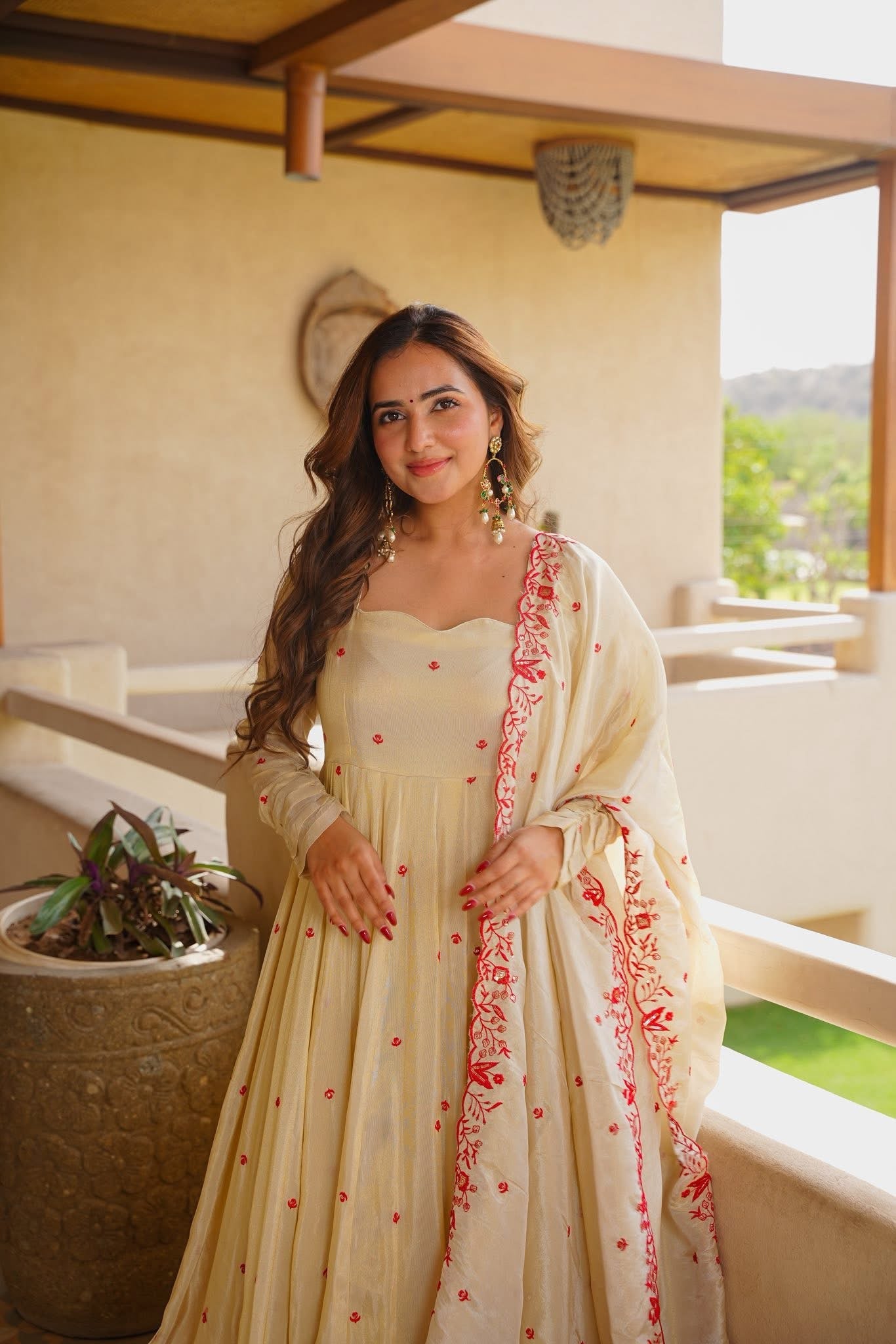 Ivory Red Floral Embroidered Anarkali Suit Set