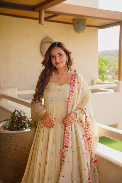 Ivory Red Floral Embroidered Anarkali Suit Set