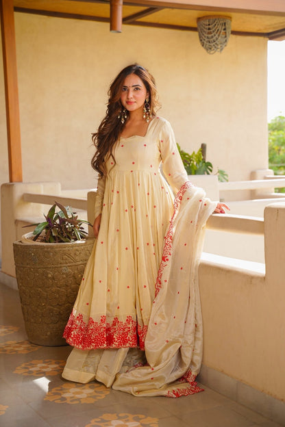 Ivory Red Floral Embroidered Anarkali Suit Set