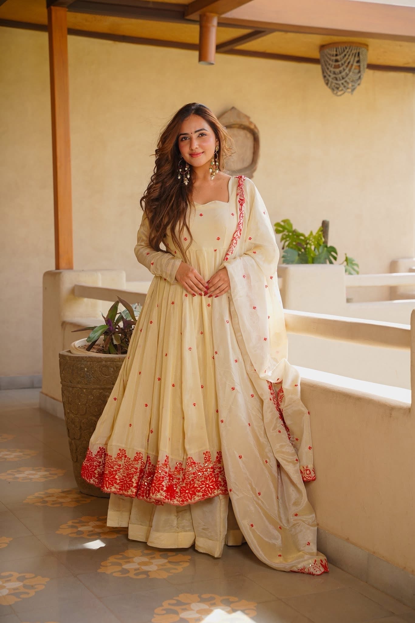 Ivory Red Floral Embroidered Anarkali Suit Set