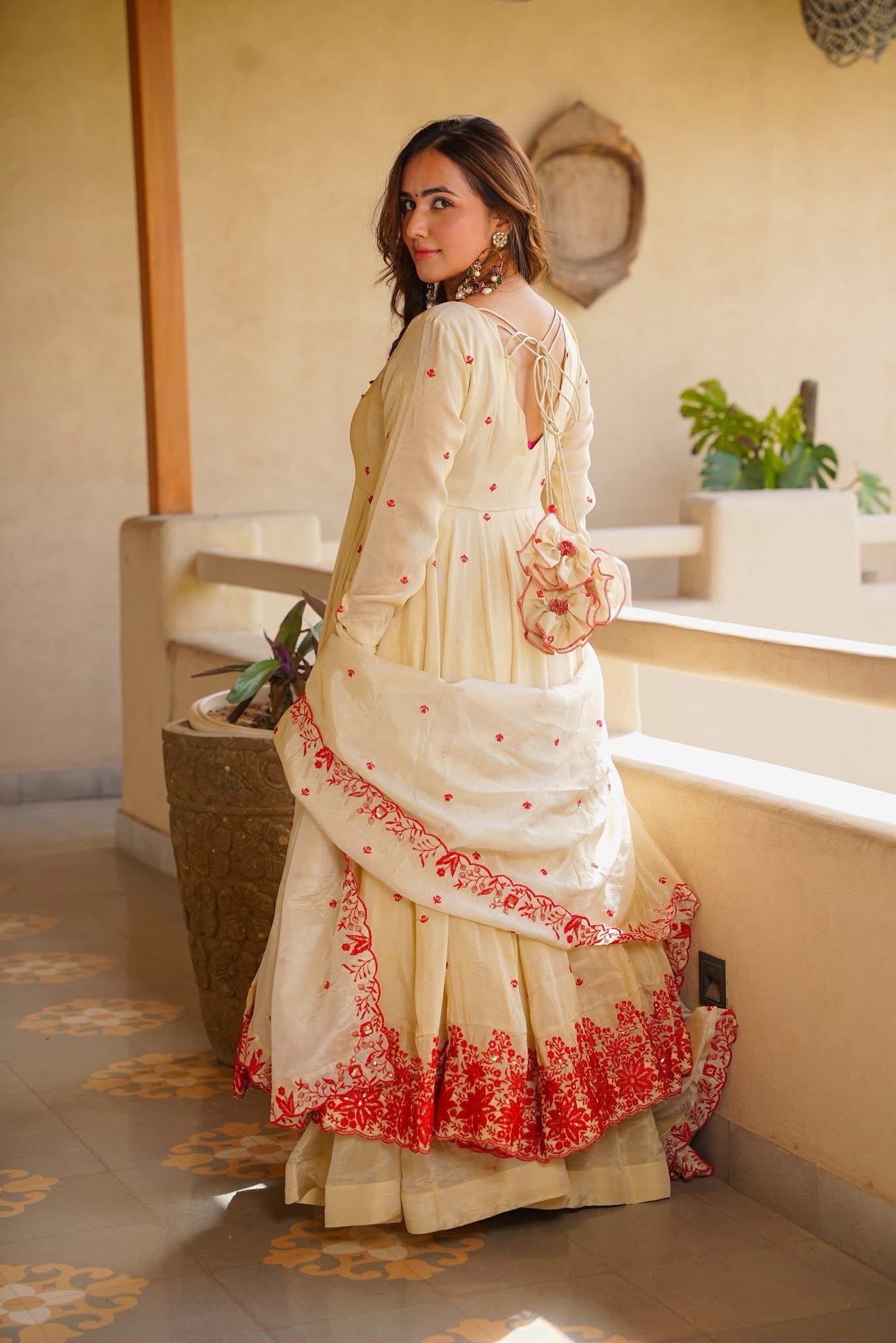 Ivory Red Floral Embroidered Anarkali Suit Set