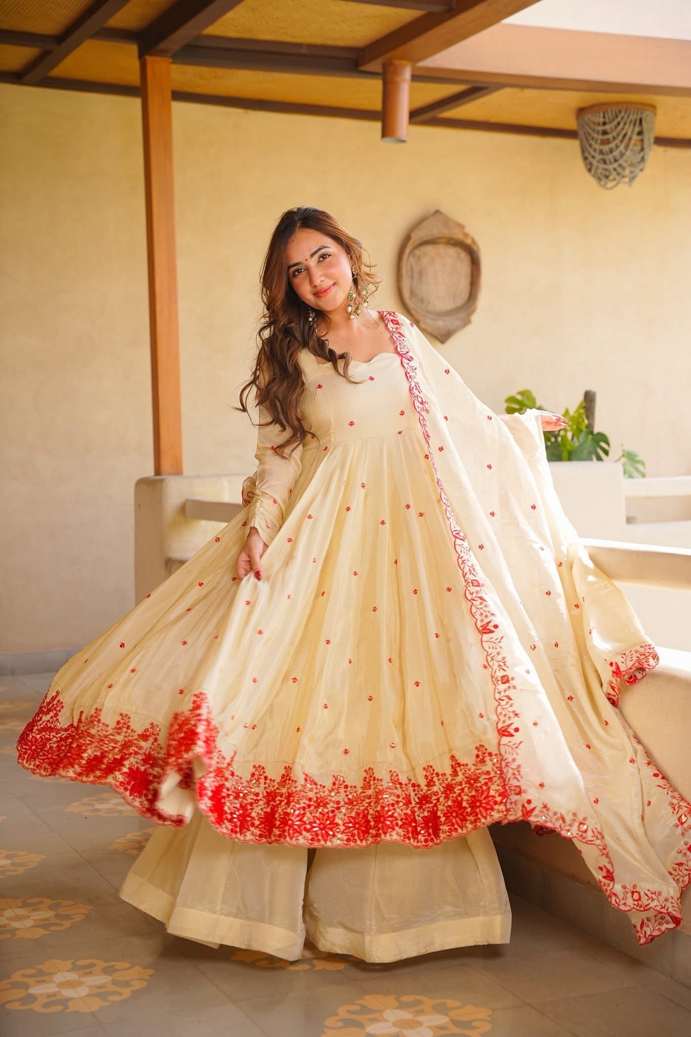 Ivory Red Floral Embroidered Anarkali Suit Set