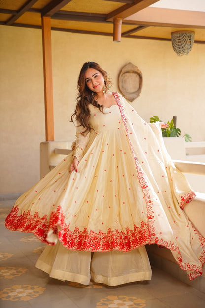 Ivory Red Floral Embroidered Anarkali Suit Set