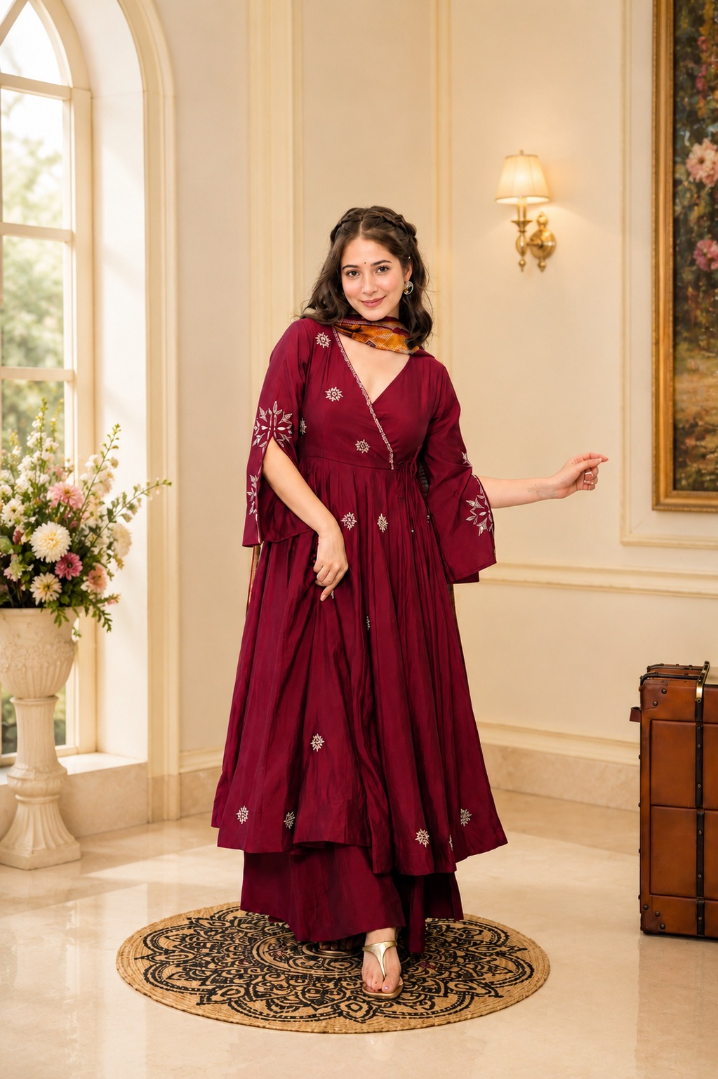 Heavy Zari & Thread Embroidered Rayon Cotton Anarkali Suit Set (3 PCS)