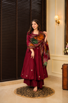 Heavy Zari & Thread Embroidered Rayon Cotton Anarkali Suit Set (3 PCS)