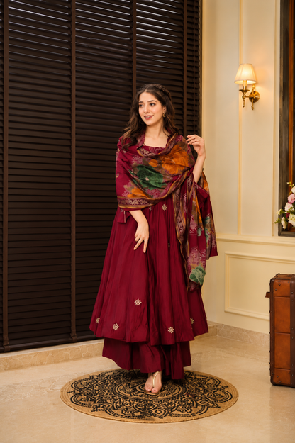 Heavy Zari & Thread Embroidered Rayon Cotton Anarkali Suit Set (3 PCS)