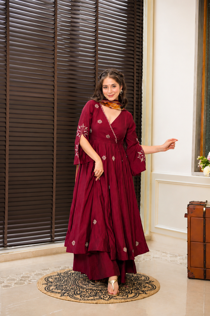 Heavy Zari & Thread Embroidered Rayon Cotton Anarkali Suit Set (3 PCS)