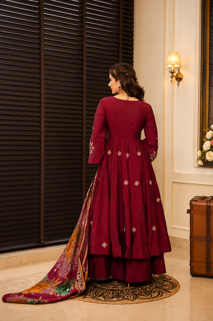 Heavy Zari & Thread Embroidered Rayon Cotton Anarkali Suit Set (3 PCS)