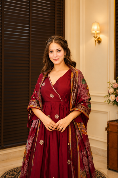Heavy Zari & Thread Embroidered Rayon Cotton Anarkali Suit Set (3 PCS)