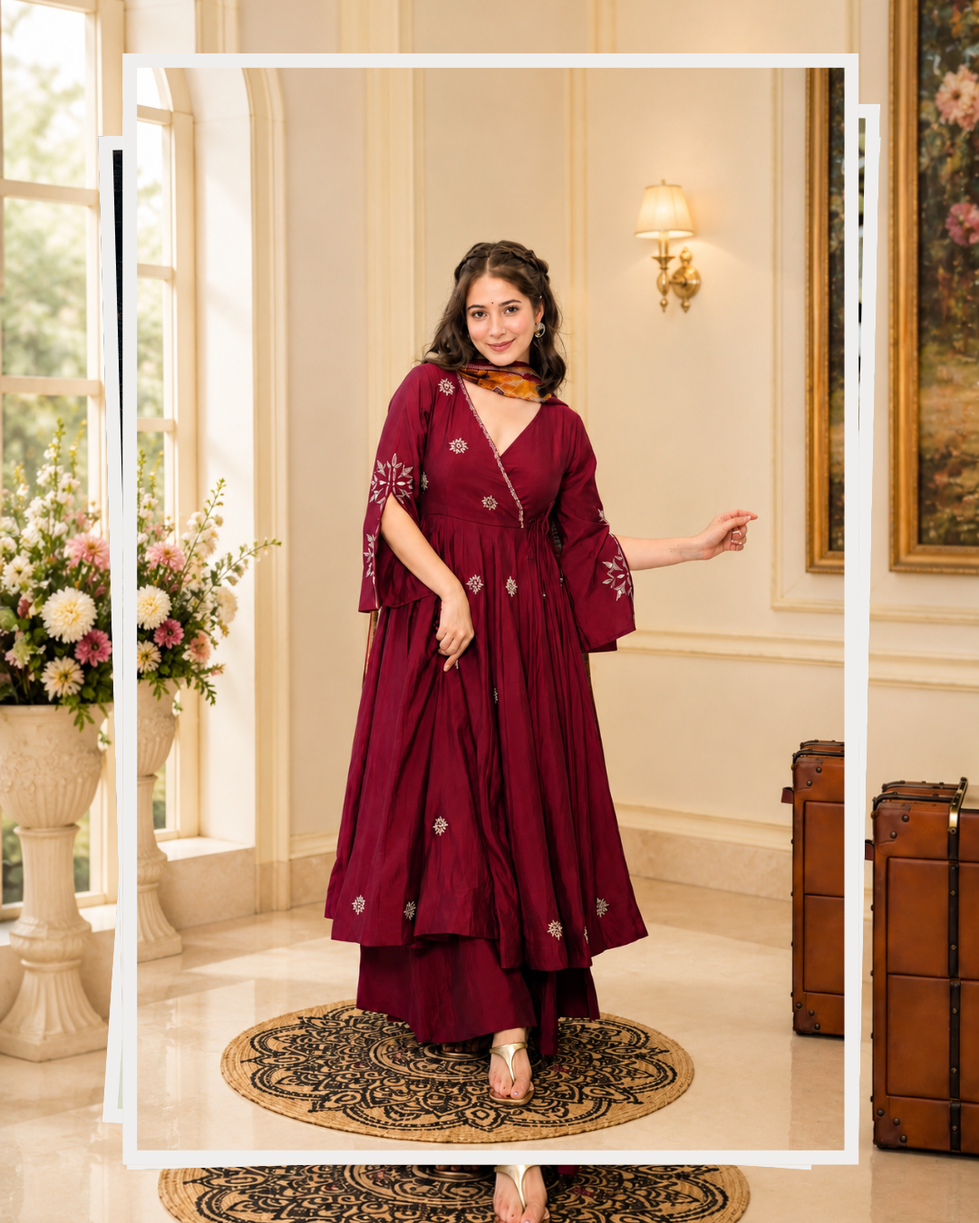 Heavy Zari & Thread Embroidered Rayon Cotton Anarkali Suit Set (3 PCS)