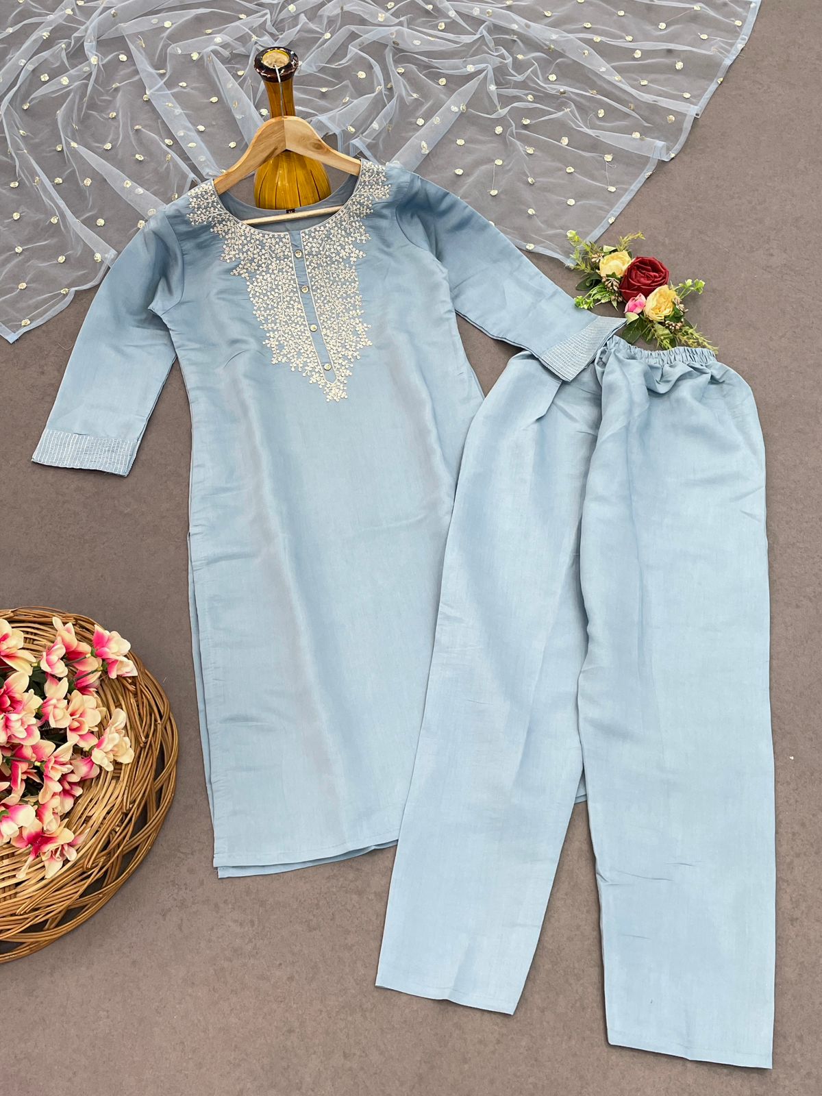Roman Suit Set with Net Dupatta