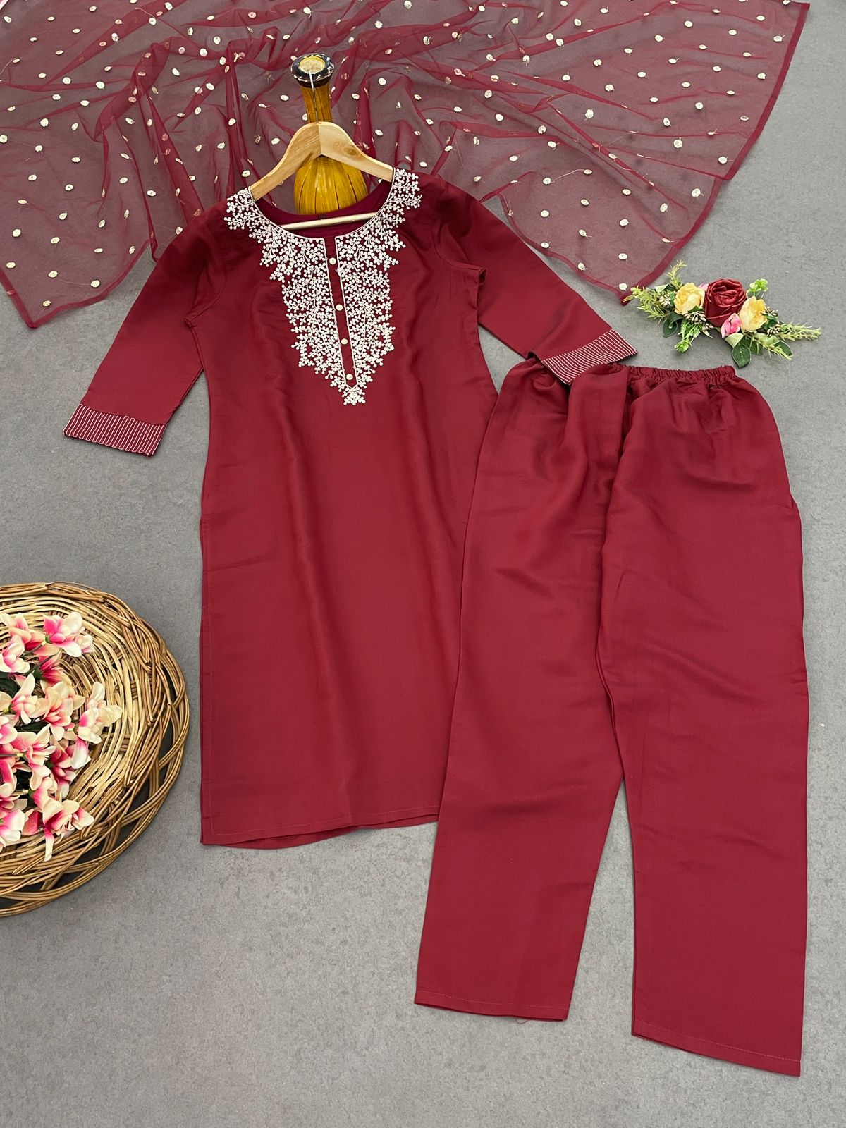 Roman Suit Set with Net Dupatta