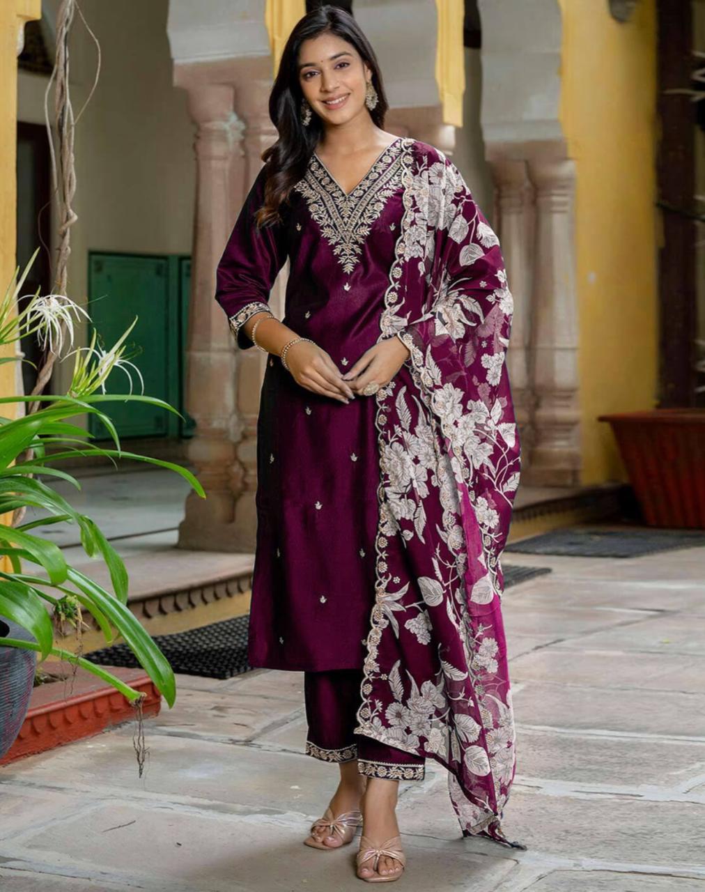 Embroidered Rayon Suit Set with Organza Dupatta