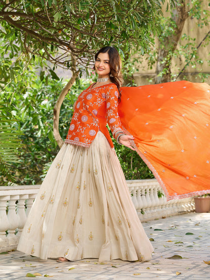 Embroidered Chinon Kurti Lehenga Dupatta Set