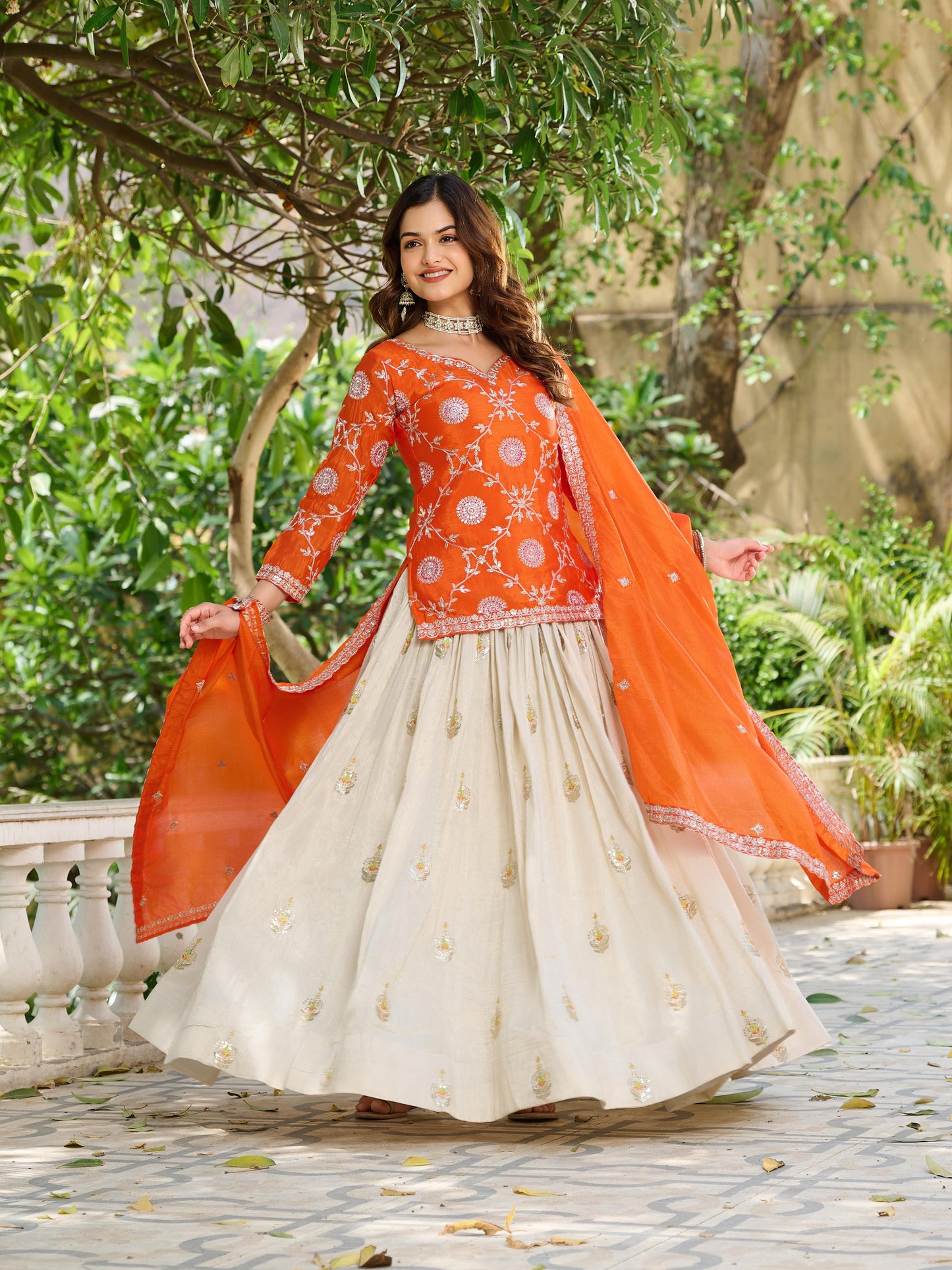 Embroidered Chinon Kurti Lehenga Dupatta Set