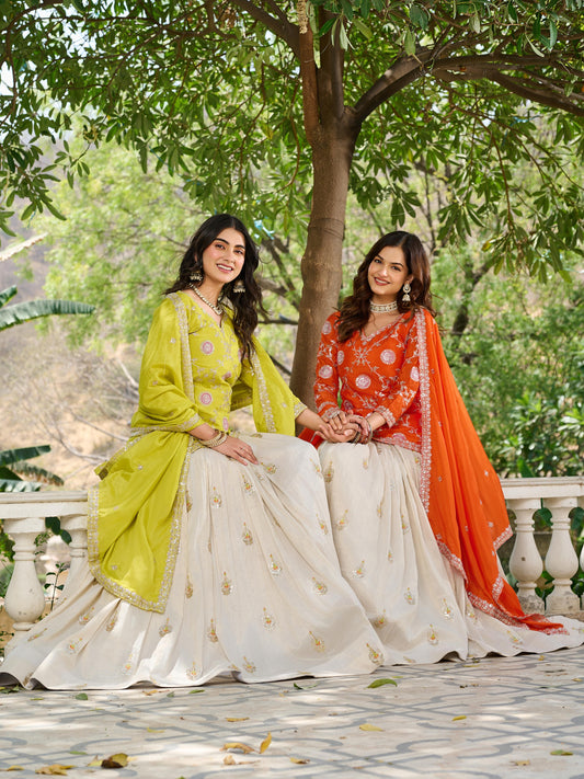 Embroidered Chinon Kurti Lehenga Dupatta Set