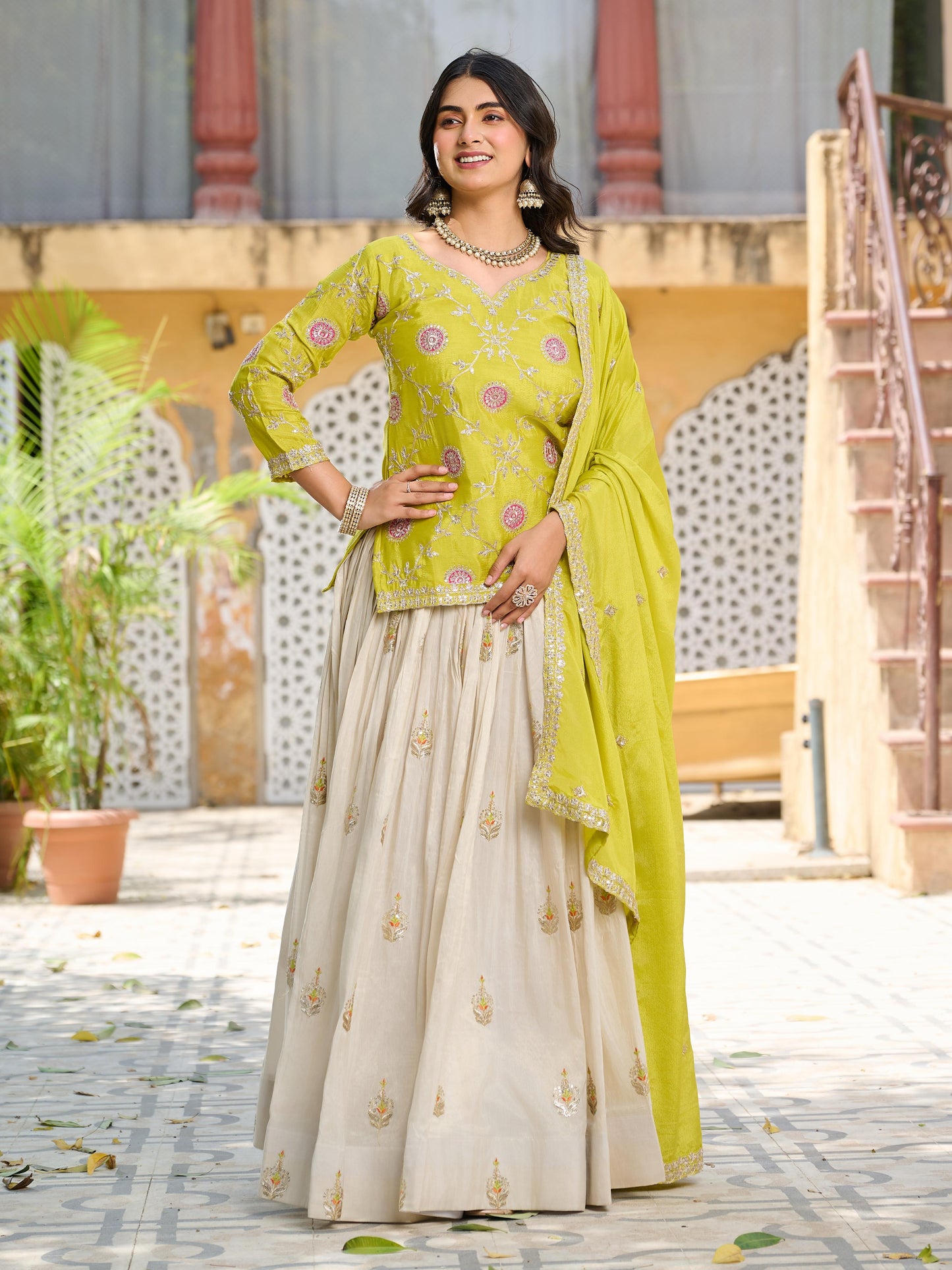 Embroidered Chinon Kurti Lehenga Dupatta Set