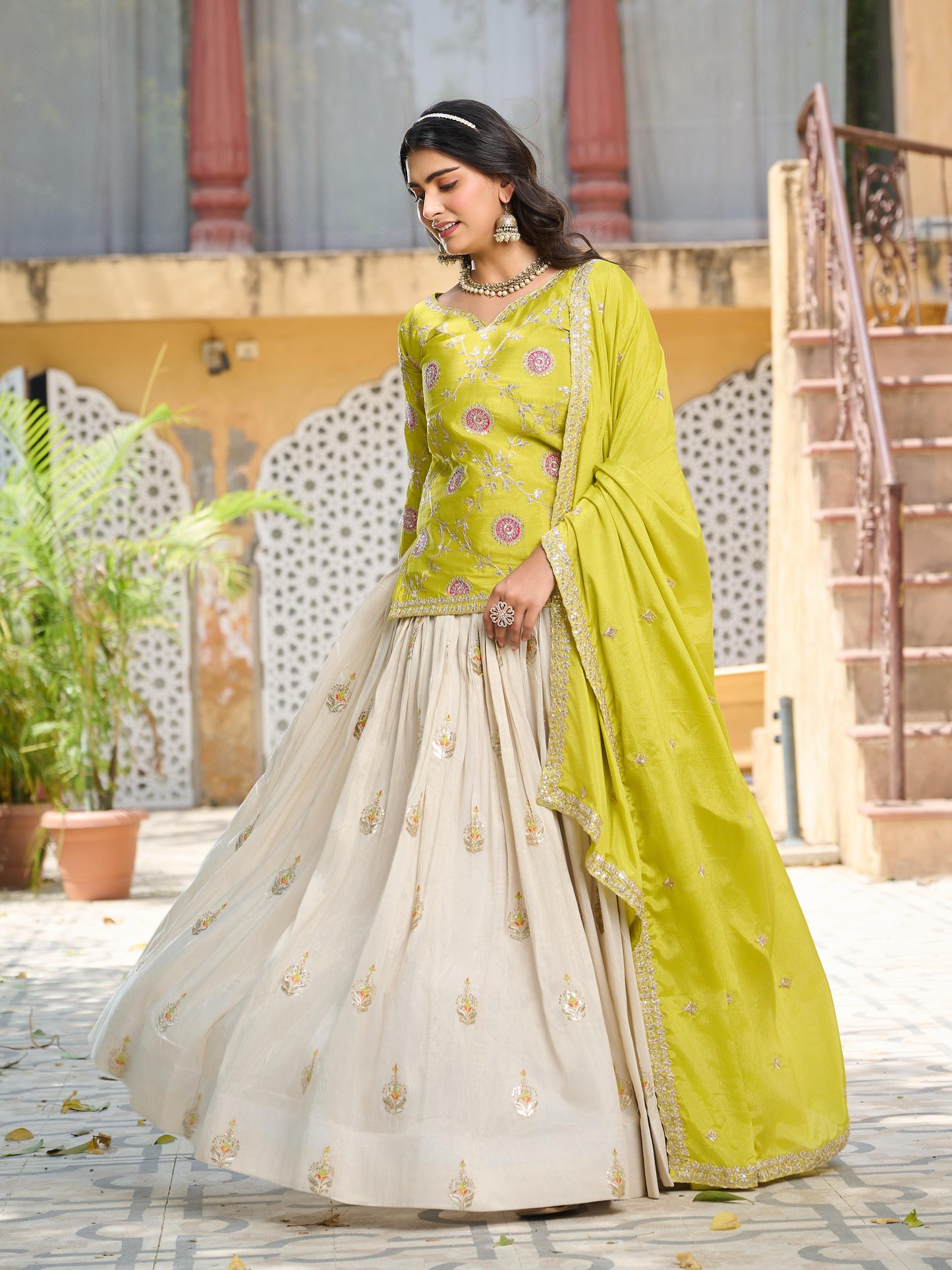 Embroidered Chinon Kurti Lehenga Dupatta Set