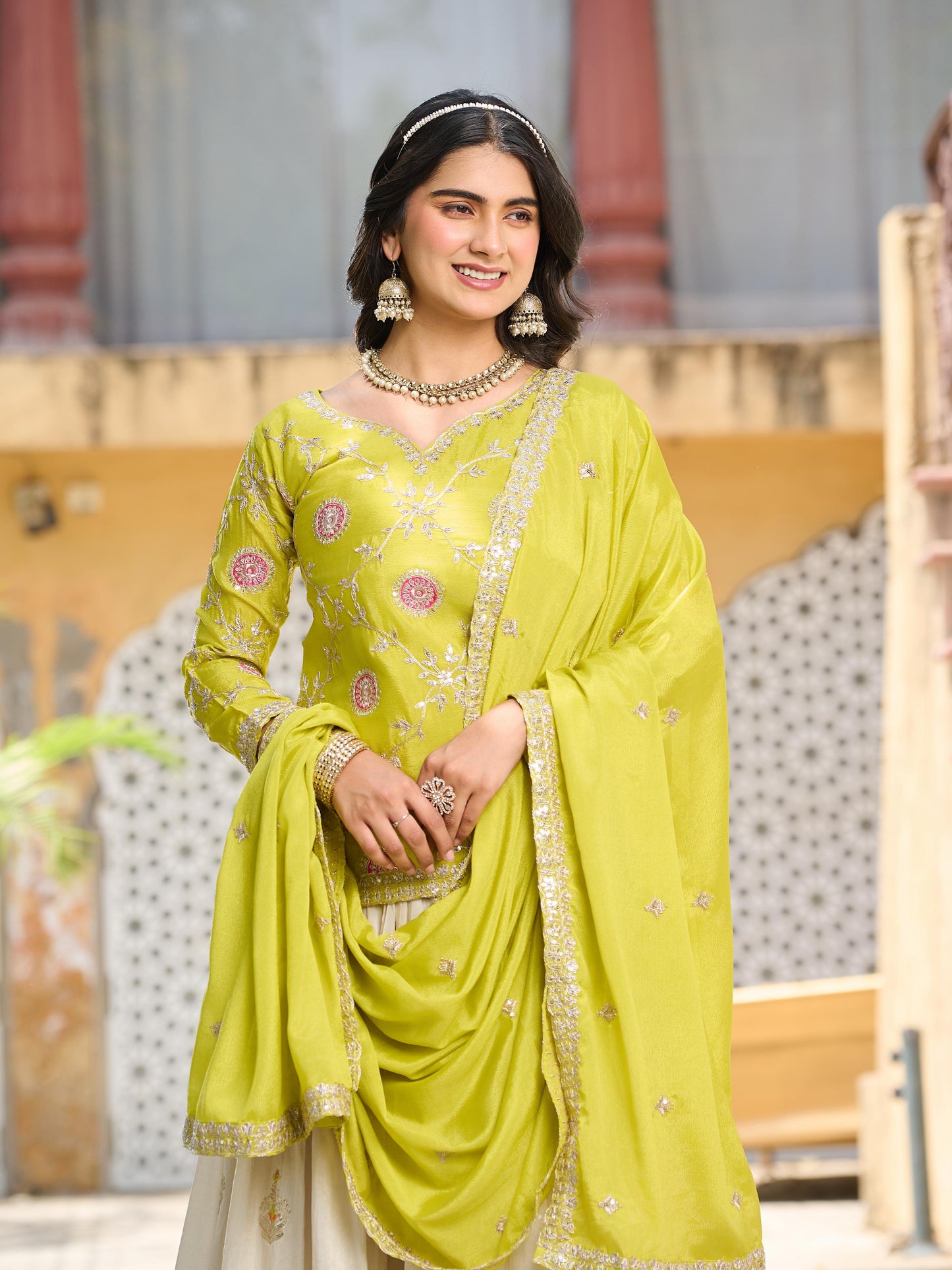 Embroidered Chinon Kurti Lehenga Dupatta Set