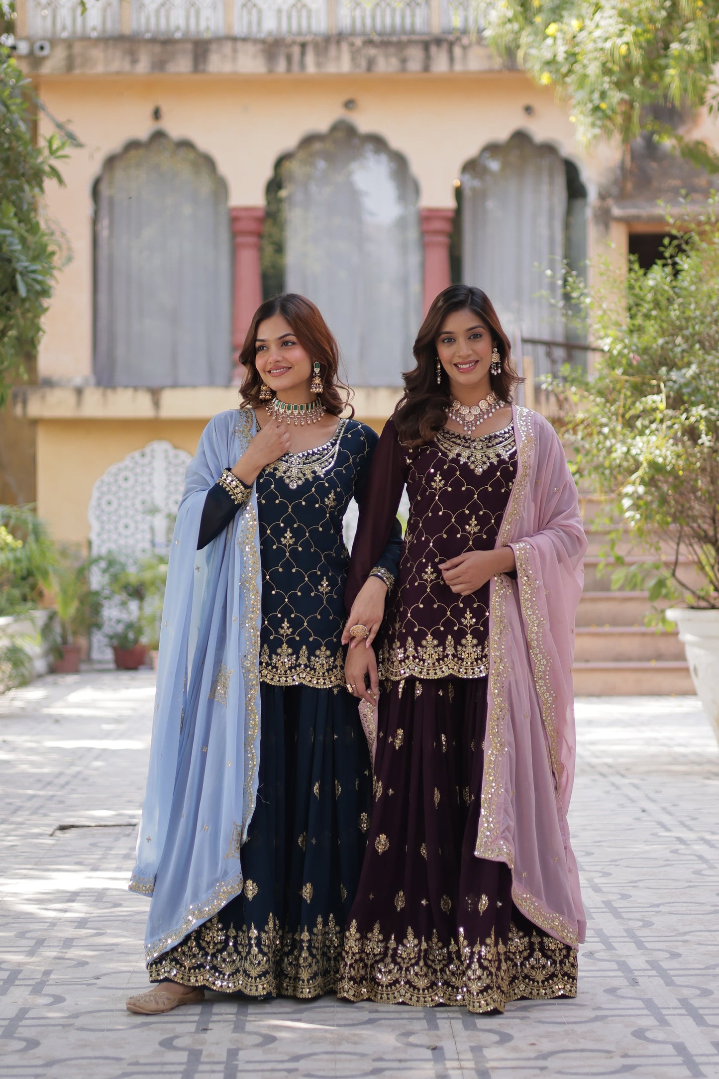 Sequins Embroidered Kurti Plazzo Dupatta Set