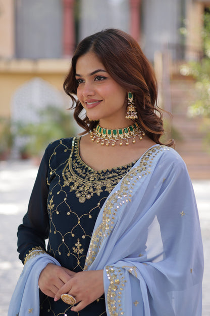 Sequins Embroidered Kurti Plazzo Dupatta Set