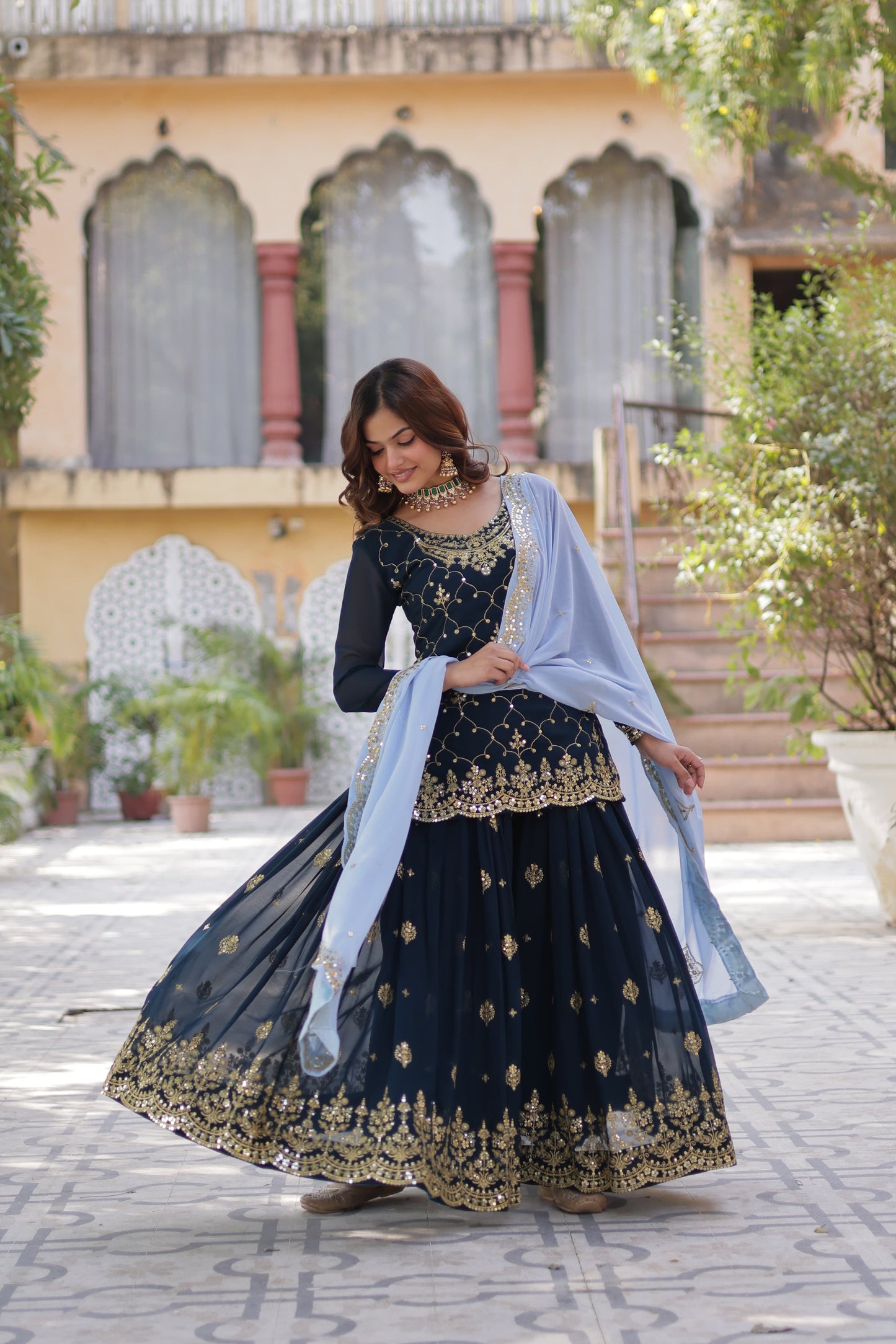 Sequins Embroidered Kurti Plazzo Dupatta Set