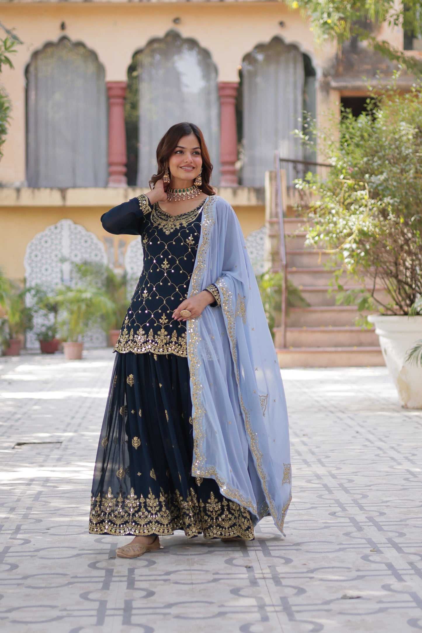 Sequins Embroidered Kurti Plazzo Dupatta Set