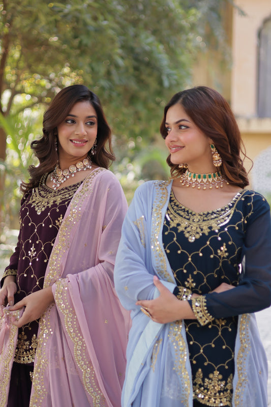 Sequins Embroidered Kurti Plazzo Dupatta Set