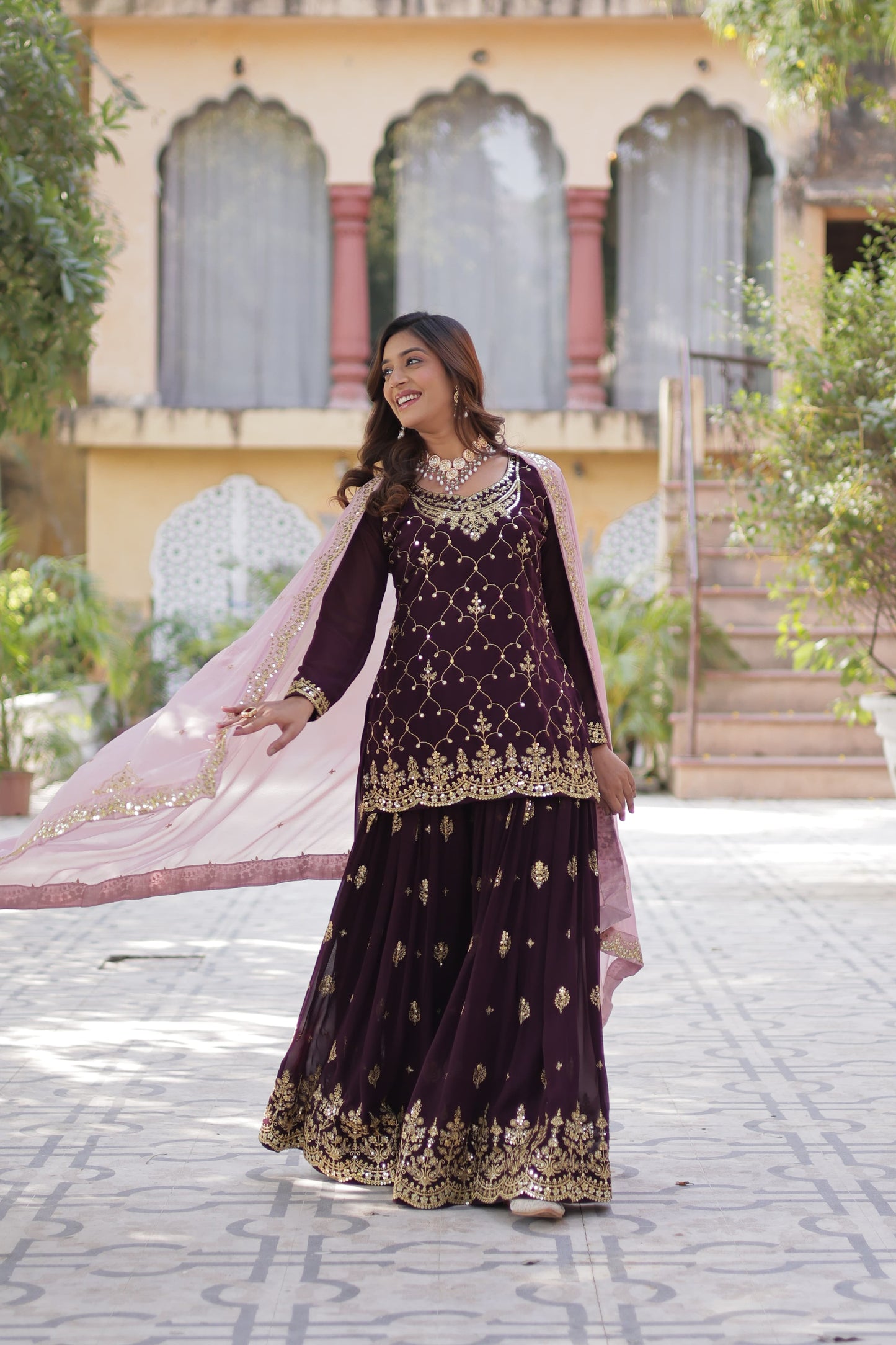 Sequins Embroidered Kurti Plazzo Dupatta Set